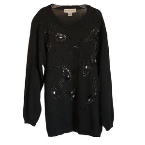 VTG Victoria Harbour Sweater Sz L Black Ramie Bejeweled Beads Crew Neck Goth